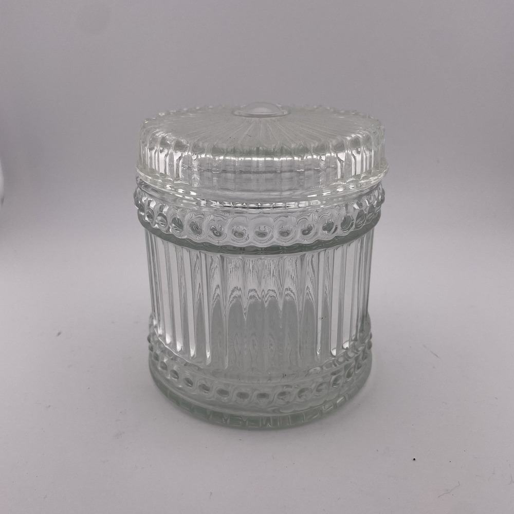 Amway Clear Ribbed Glass Apothecary Jar with Lid Beaded Detail Vintage